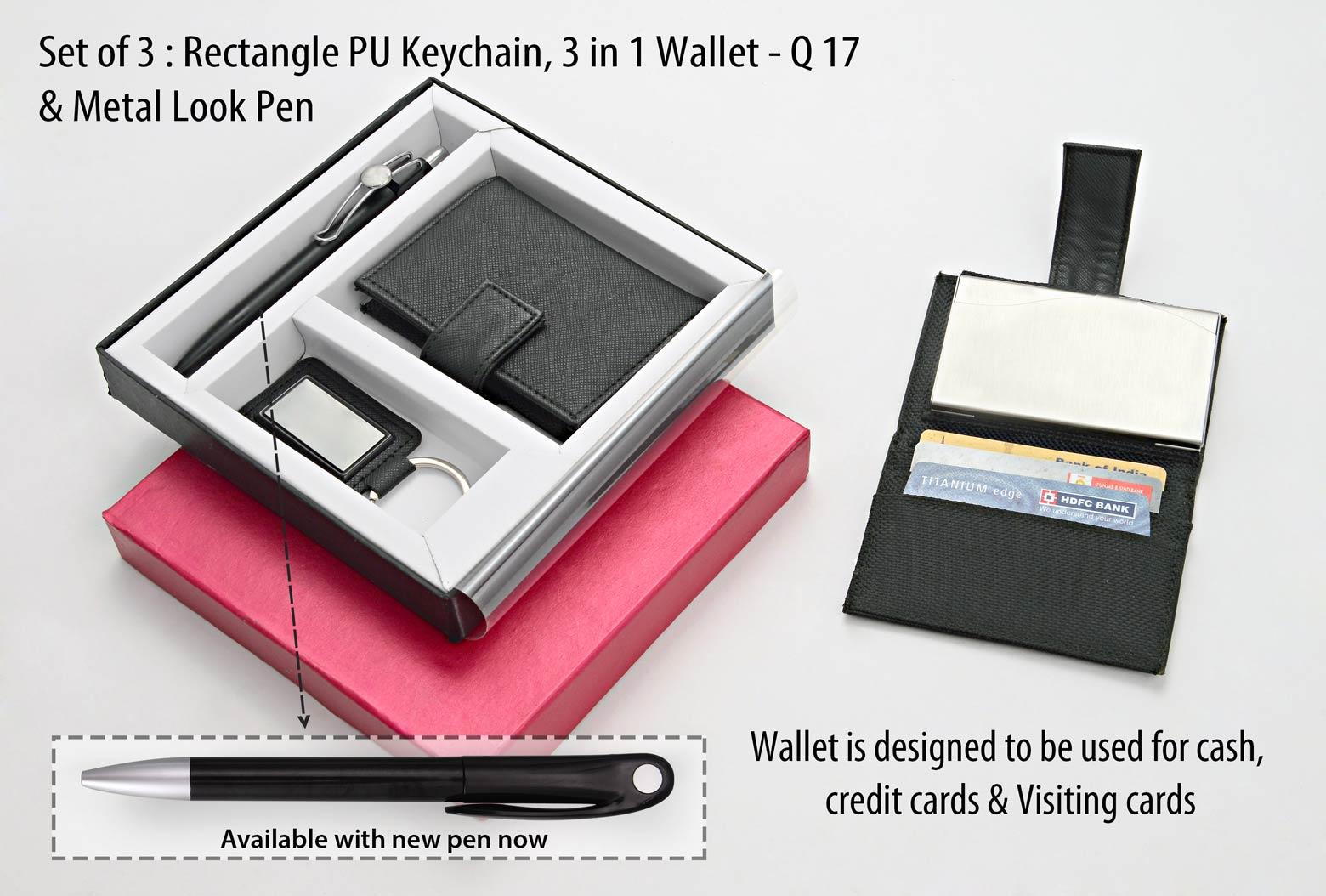 Rectangle PU Keychain , 3 in 1 Wallet , Metal Look Pen