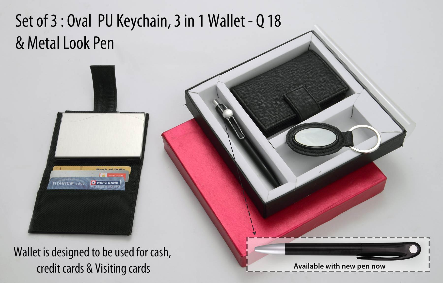 Oval PU Keychain , 3 in 1 Wallet , Metal Look Pen
