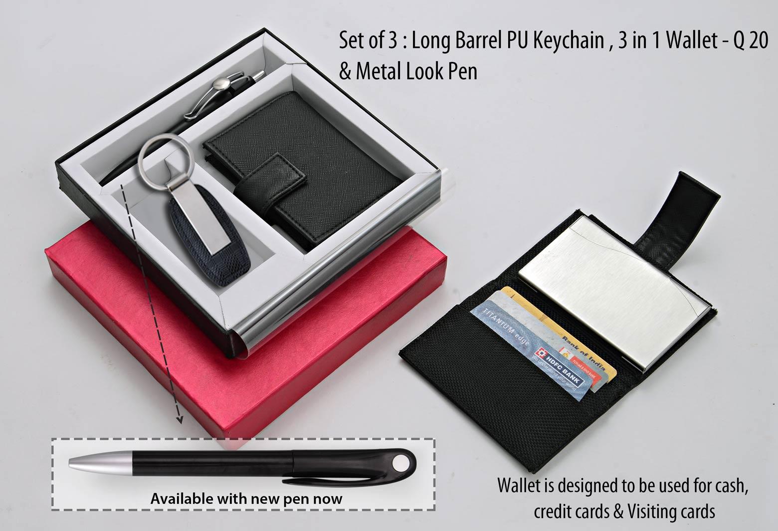 Long Barrel PU Keychain , 3 in 1 Wallet , Metal Look Pen
